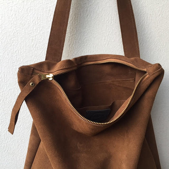 Zipper suede brown tote bag